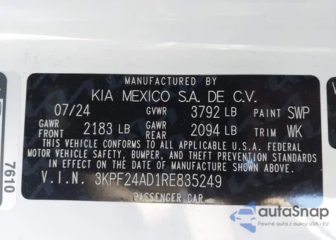 2024 Kia Forte Lxs from USA, damaged, VIN 3KPF24AD1RE835249